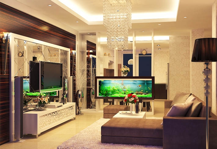 Phòng khách đặt bể cá sẽ có lợi cho phong thủy nhà ở